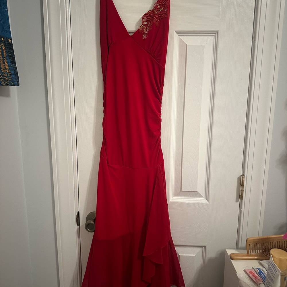Lipstick Boutique Red Asymmetrical V-Neck Gown